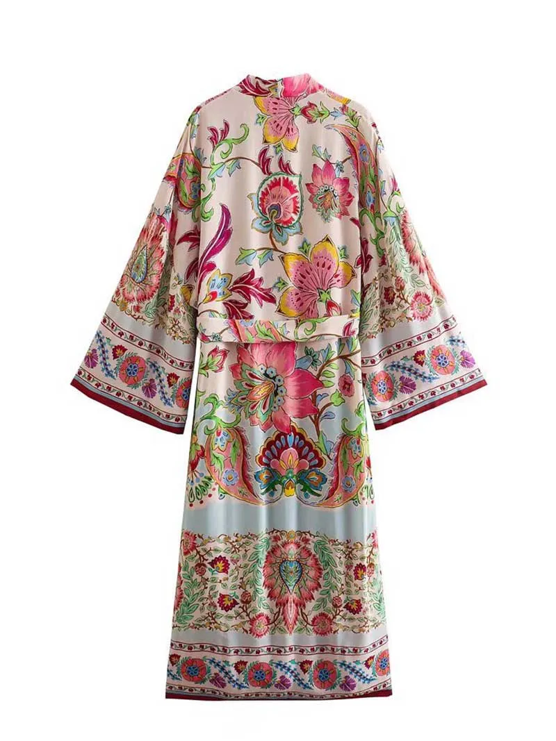 Party Wear Floral Print Long Gown Duster Robe Kimono