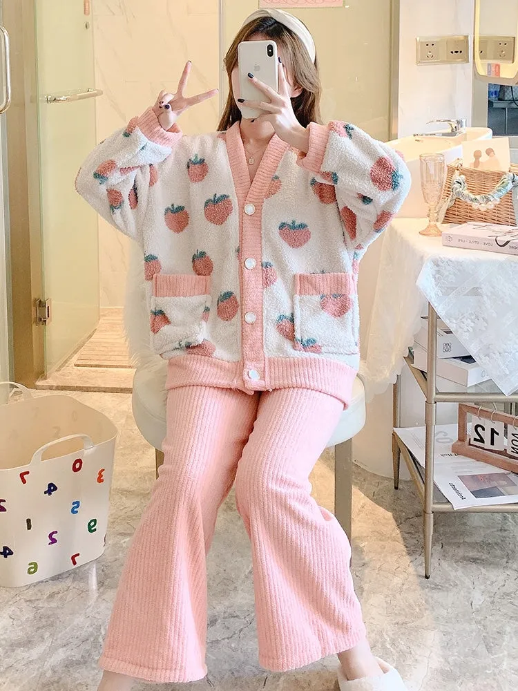 Peach Fruit Embroidery White Pink Top Pants Pajamas Set