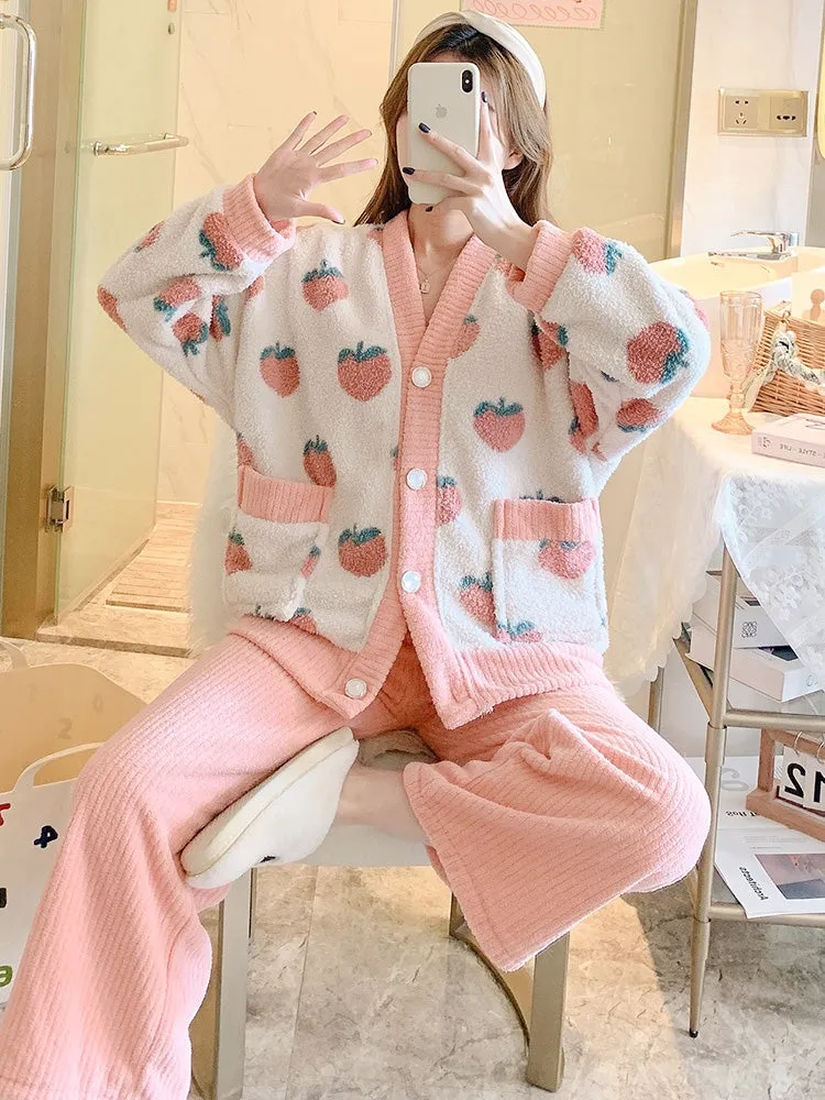 Peach Fruit Embroidery White Pink Top Pants Pajamas Set
