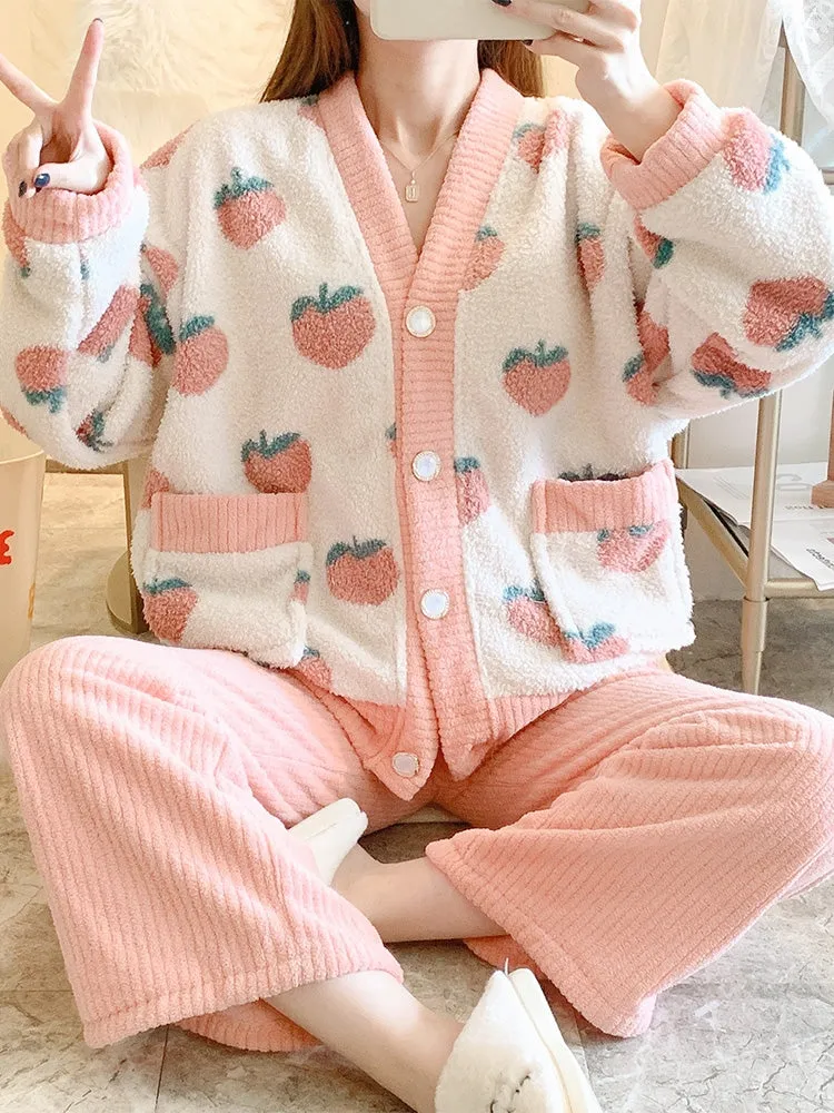 Peach Fruit Embroidery White Pink Top Pants Pajamas Set