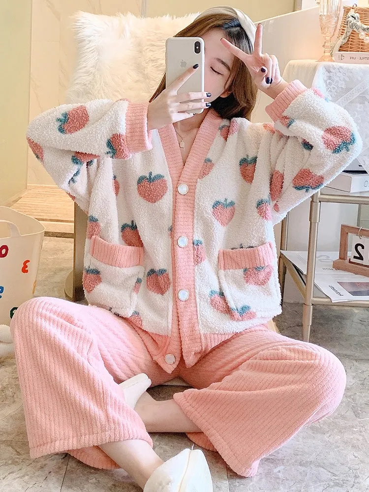 Peach Fruit Embroidery White Pink Top Pants Pajamas Set