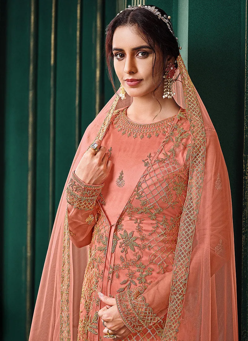 Peach Traditional Embroidered Jacket Style Pant Suit