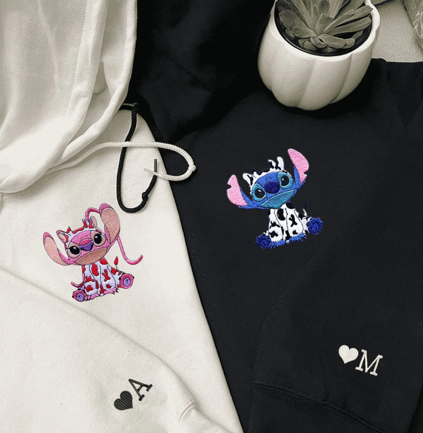 "Cow Stitch x Angel" Matching Couple Sweatshirts - Personalized Embroidered Sweatshirts For Couples