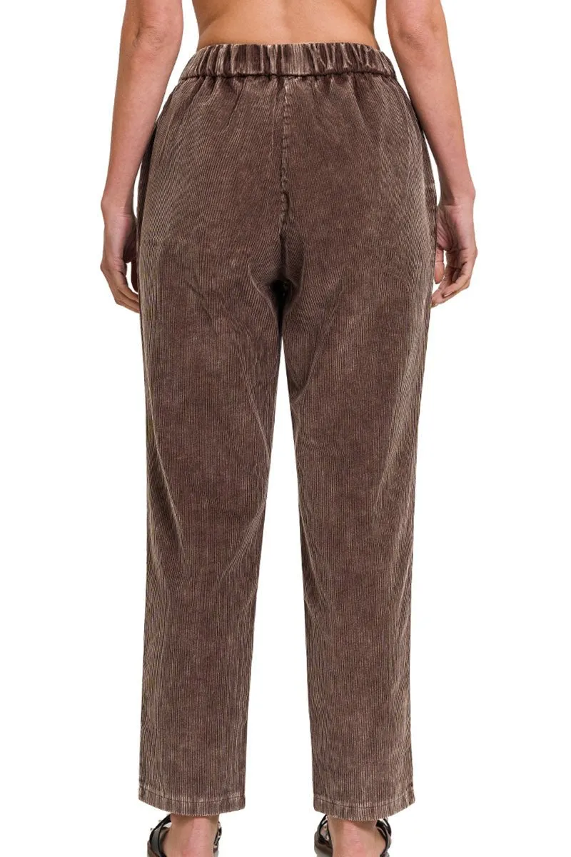 SALE 60% OFF! Zenana The Nikki Brown Mineral Wash Pleated Corduroy Pants