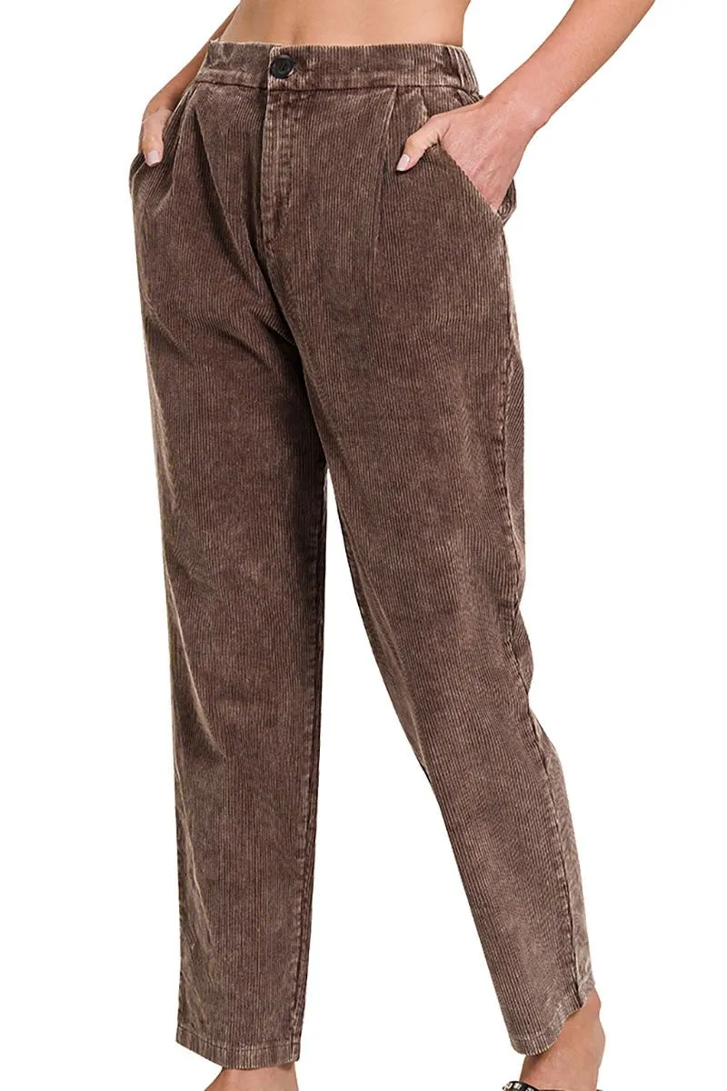 SALE 60% OFF! Zenana The Nikki Brown Mineral Wash Pleated Corduroy Pants