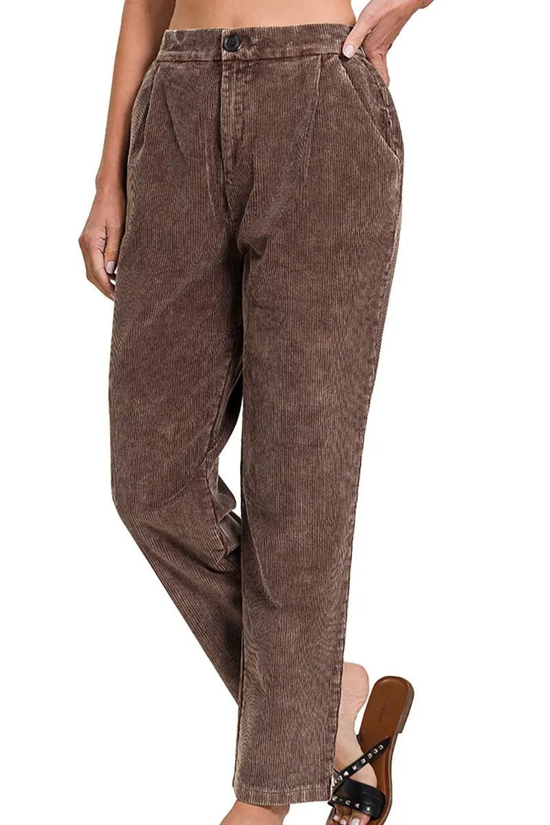 SALE 60% OFF! Zenana The Nikki Brown Mineral Wash Pleated Corduroy Pants