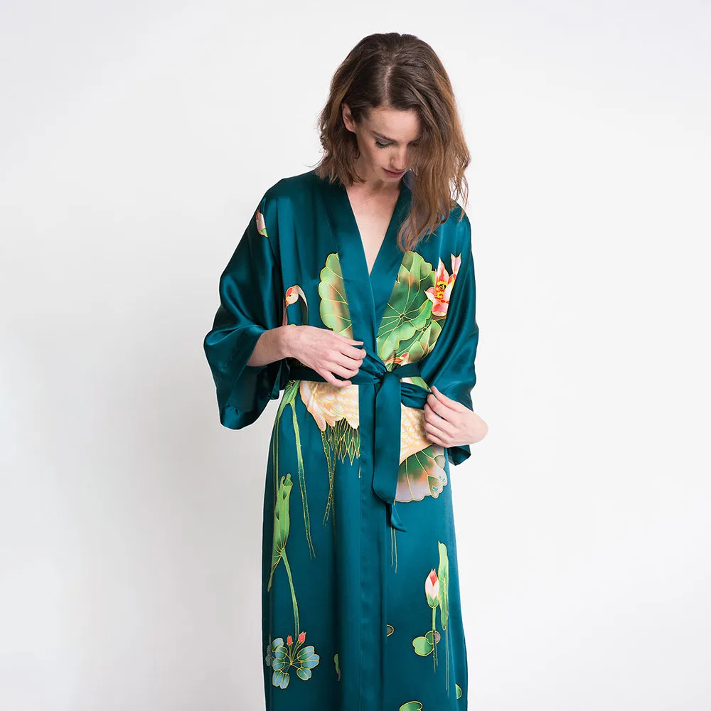 Silk Handpainted Crane Long Kimono Robe