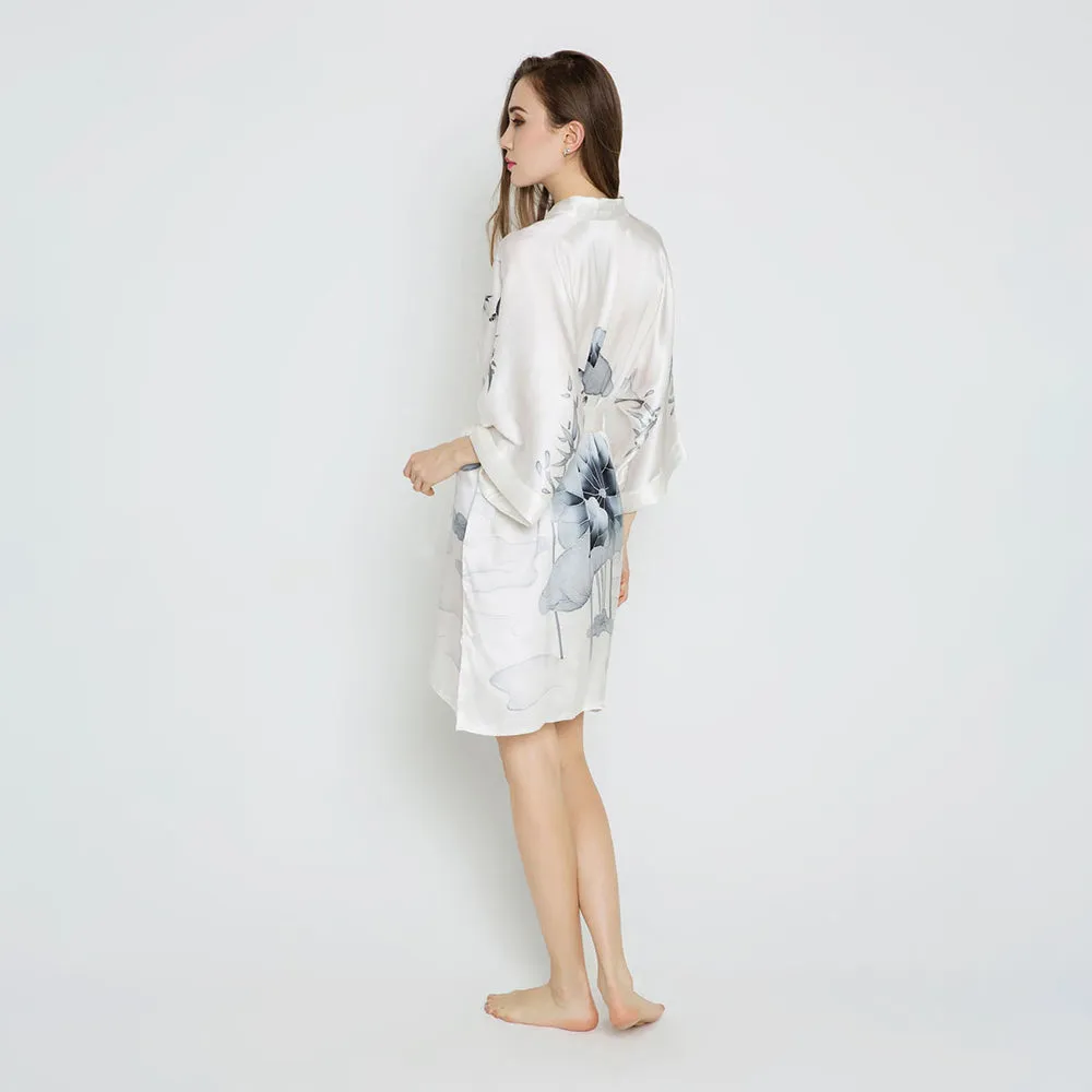 Silk Handpainted Lotus Short Kimono Robe