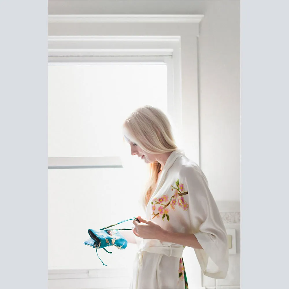 Silk Handpainted Peacock Short Kimono Robe
