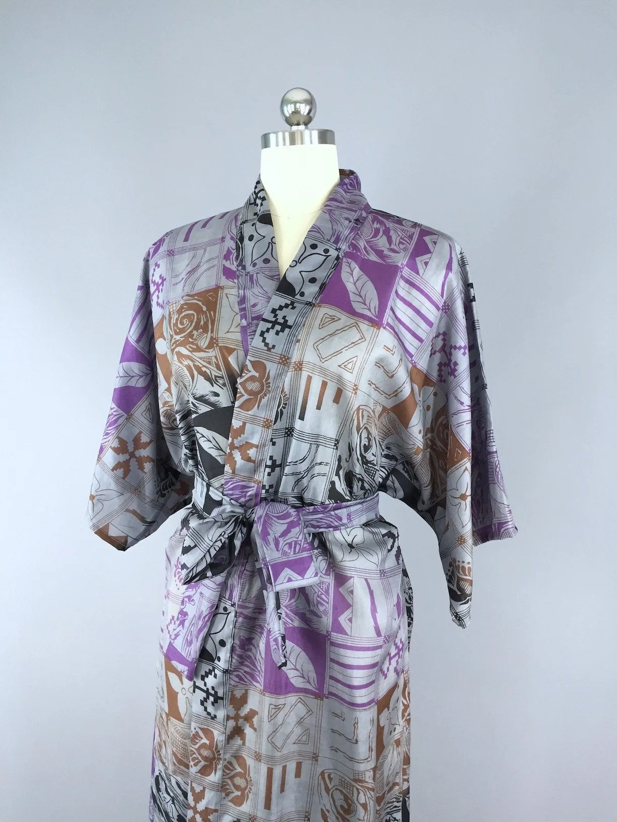 Silk Sari Robe / Grey & Purple Abstract Floral Print