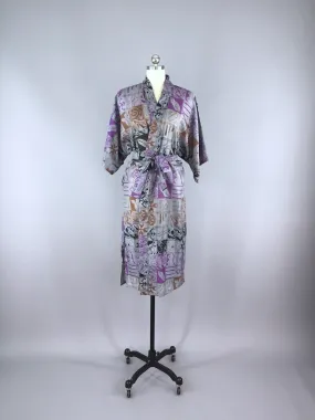 Silk Sari Robe / Grey & Purple Abstract Floral Print