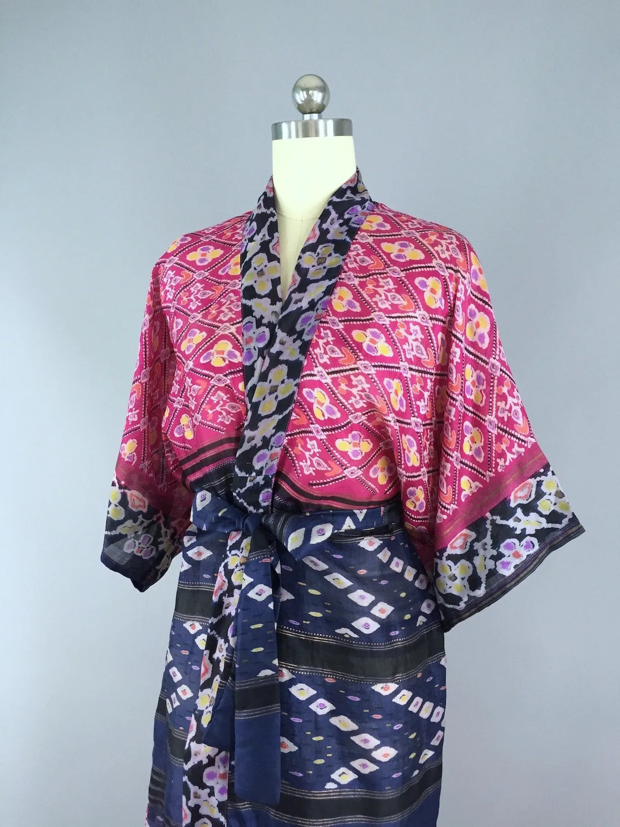 Silk Sari Robe / Navy Blue & Pink Floral