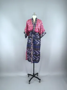 Silk Sari Robe / Navy Blue & Pink Floral