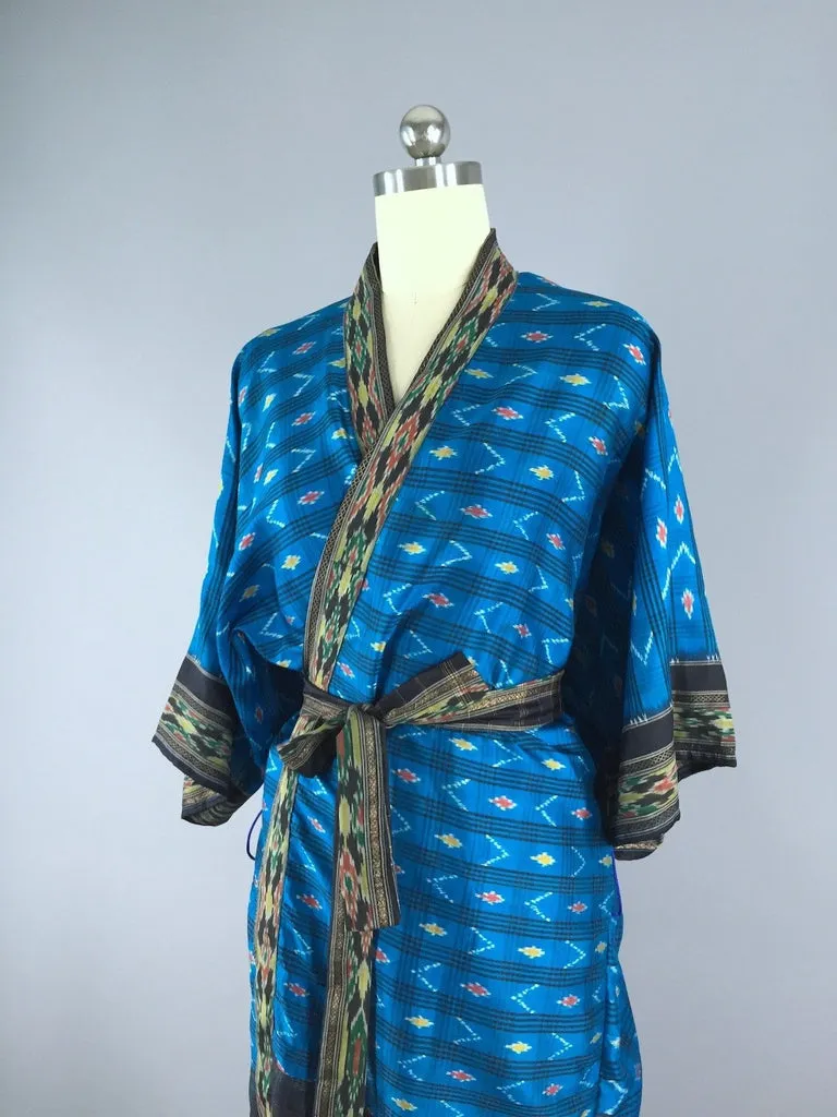 Silk Sari Robe / Turquoise Ikat