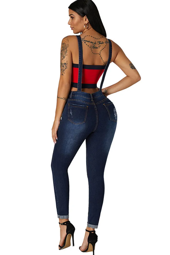 SKINNY RIPPED OVERALL JEANS