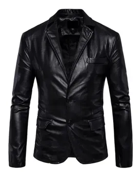 Slim Fit Fashion Men Lapel Collar Leather Jacket In Black