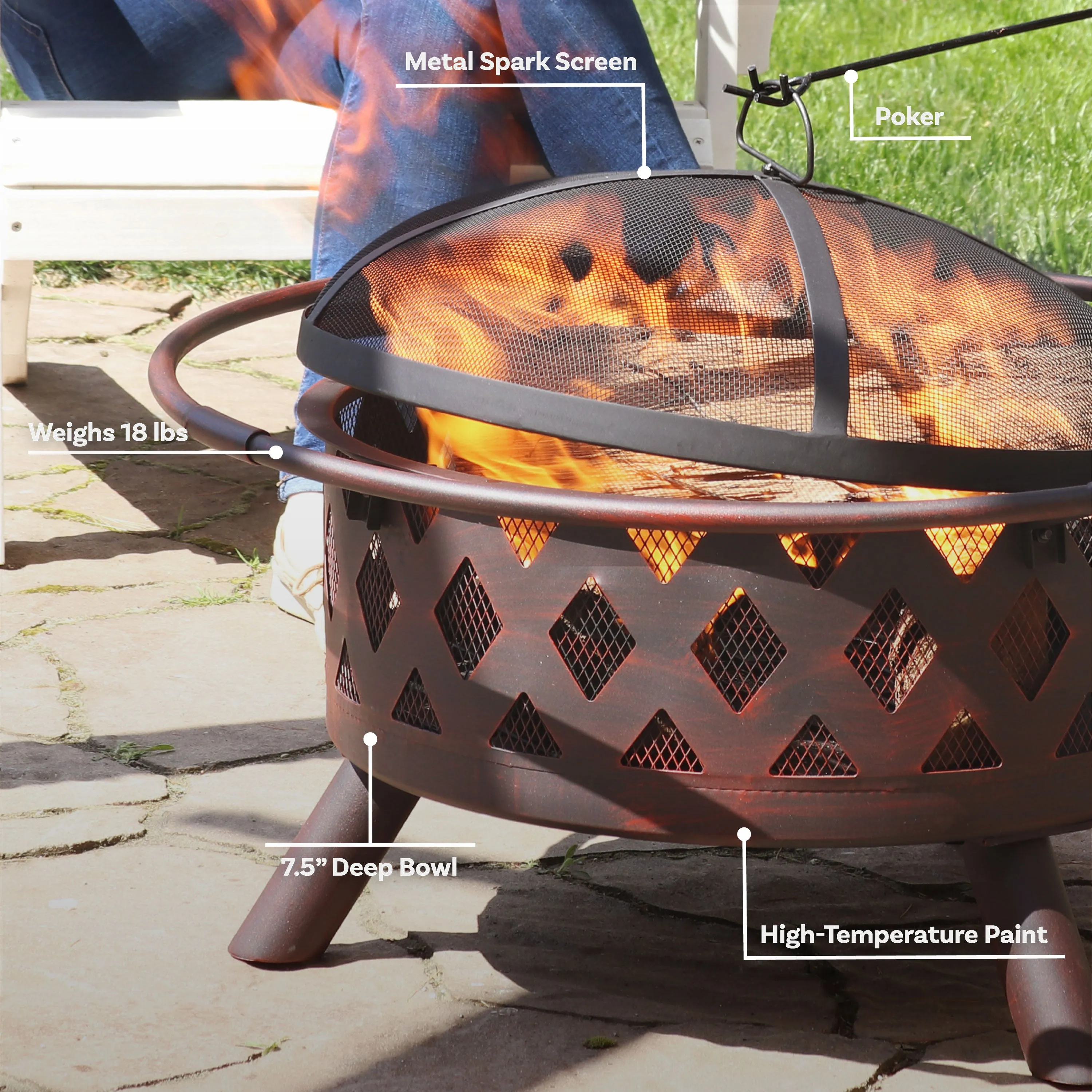 Sunnydaze Bronze Crossweave Wood-Burning Fire Pit with Spark Screen and Poker