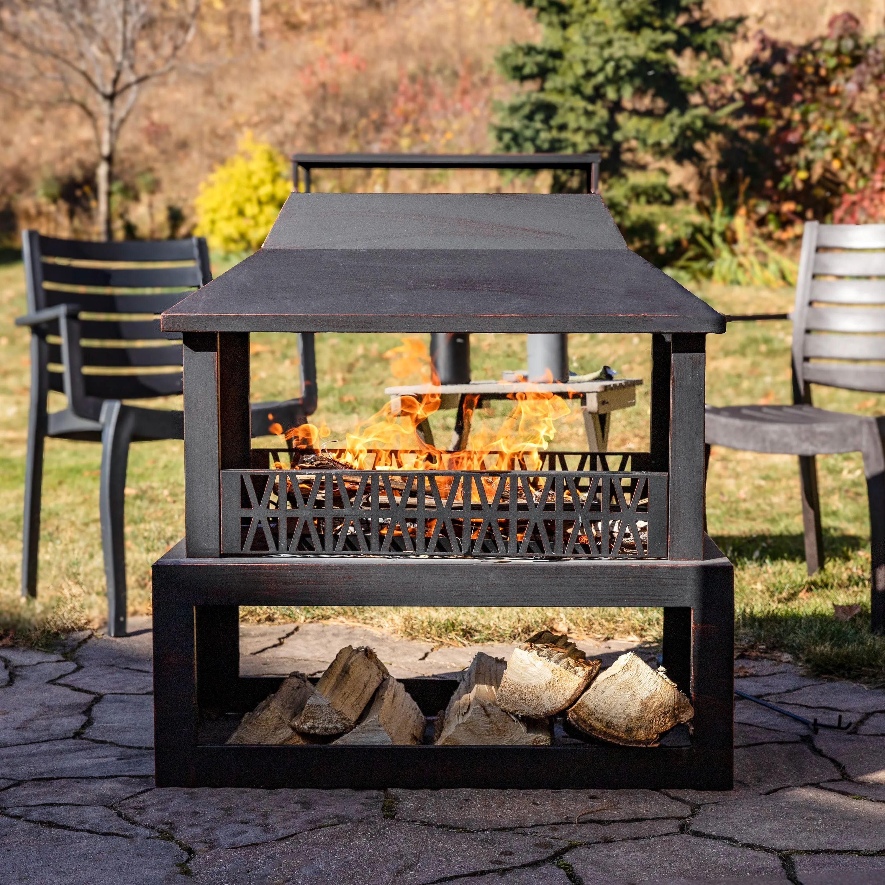 Sunnydaze Bronze Steel Outdoor Fireplace with Log Storage - 35" H