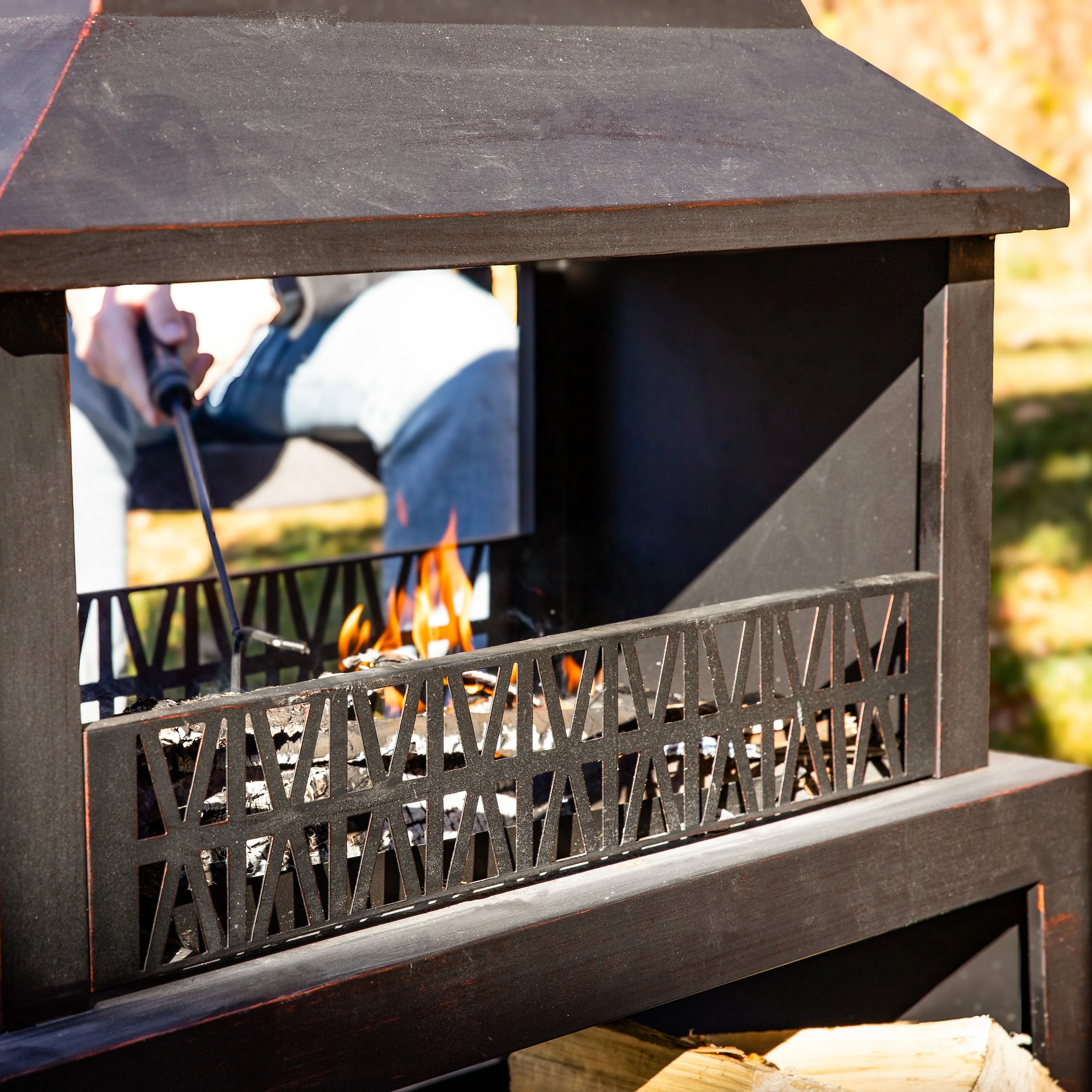 Sunnydaze Bronze Steel Outdoor Fireplace with Log Storage - 35" H