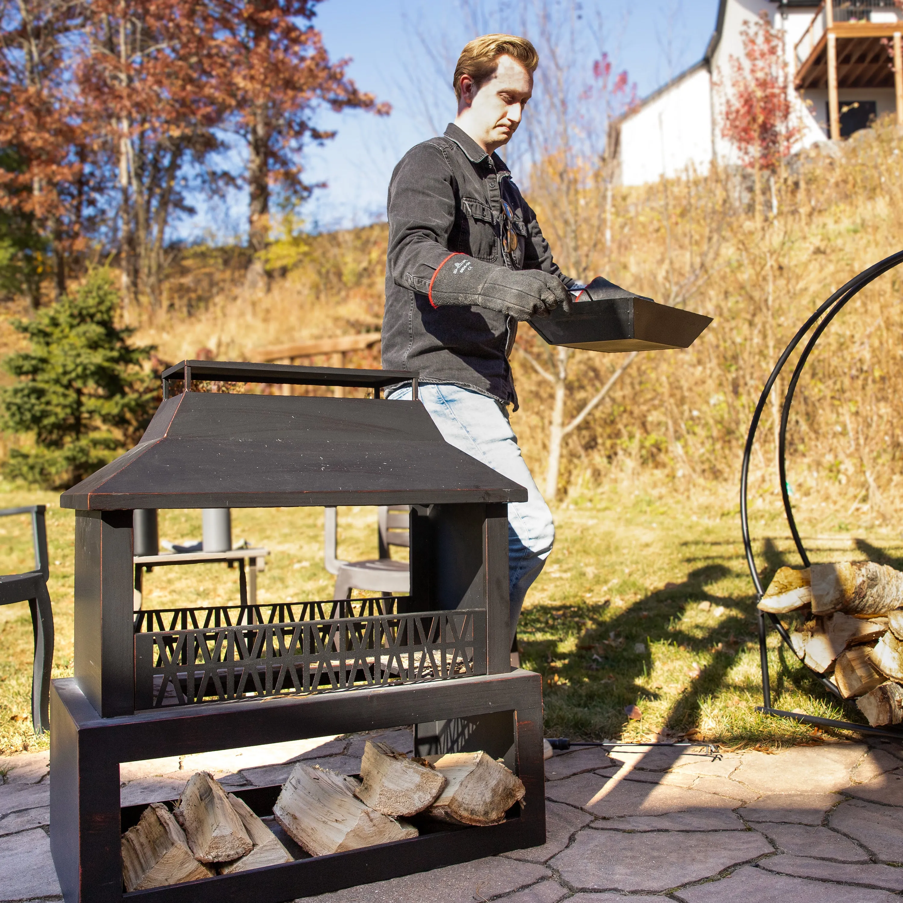 Sunnydaze Bronze Steel Outdoor Fireplace with Log Storage - 35" H