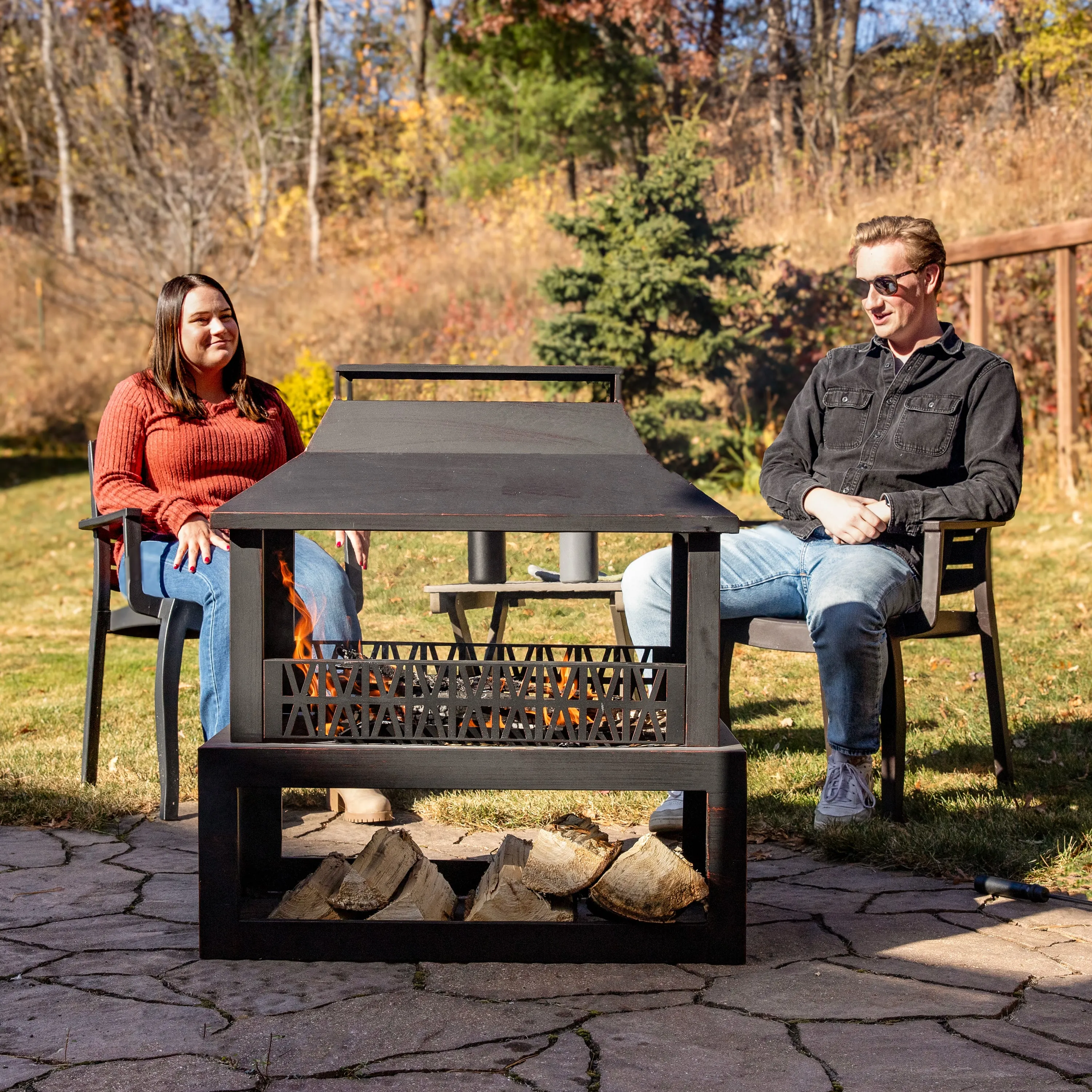 Sunnydaze Bronze Steel Outdoor Fireplace with Log Storage - 35" H