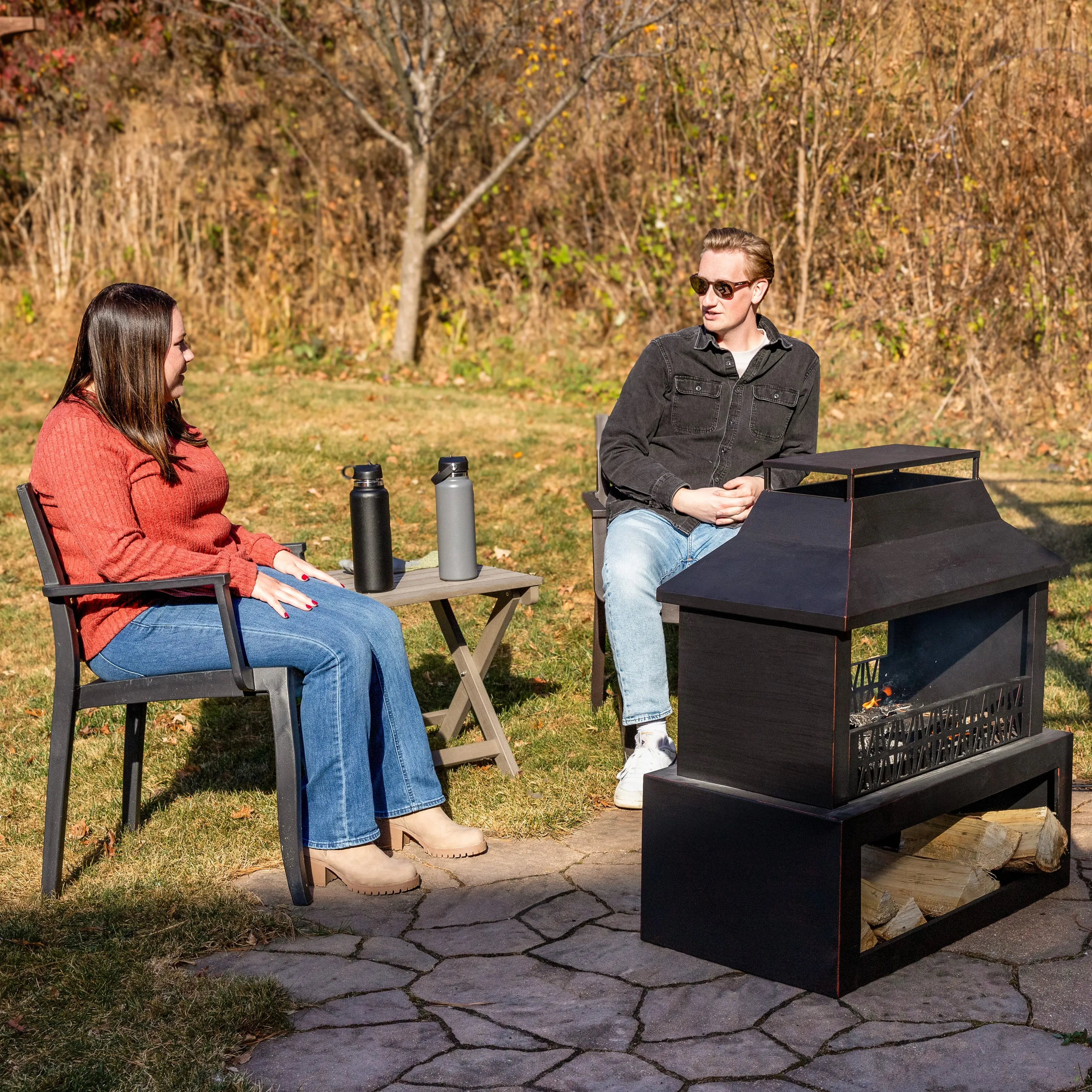 Sunnydaze Bronze Steel Outdoor Fireplace with Log Storage - 35" H