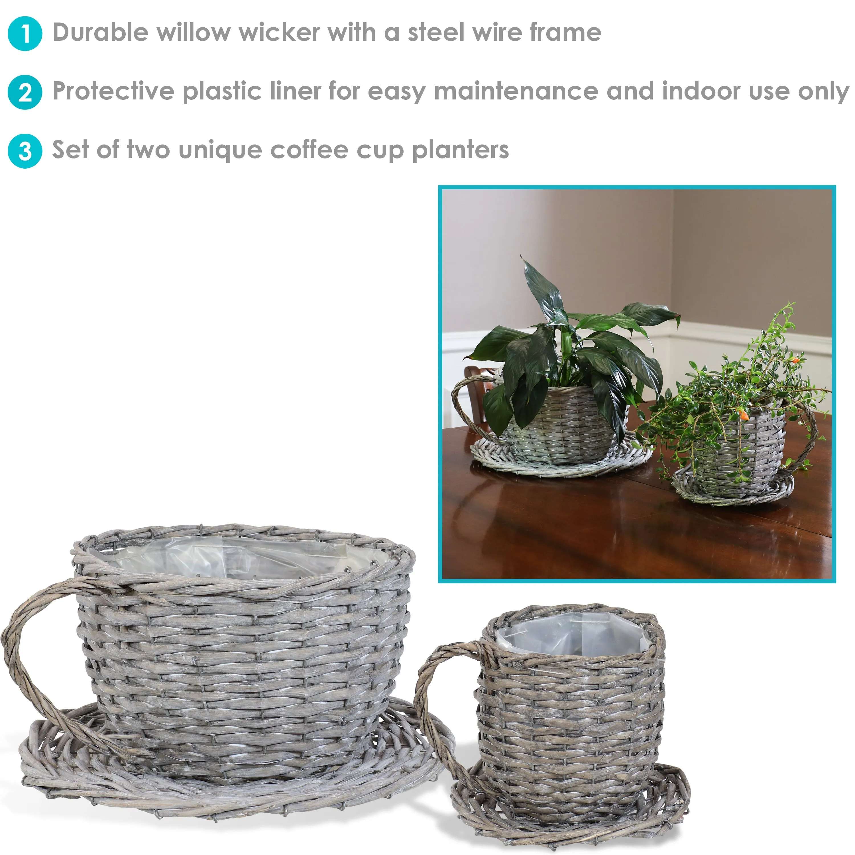 Sunnydaze Set of 2 Gray Willow Wicker Coffee Cup Indoor Planters