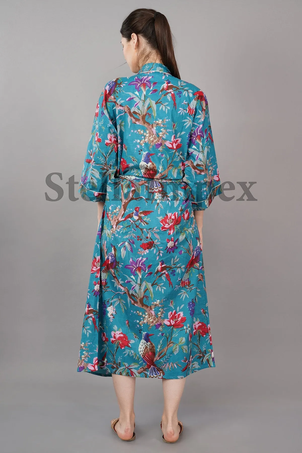 Trendy Cotton Kimono Elegant Blue & Red Floral Bathrobe Resort Wear Beach Bikini Cover-ups Boho Kimono Bathrobe, Gift for Her