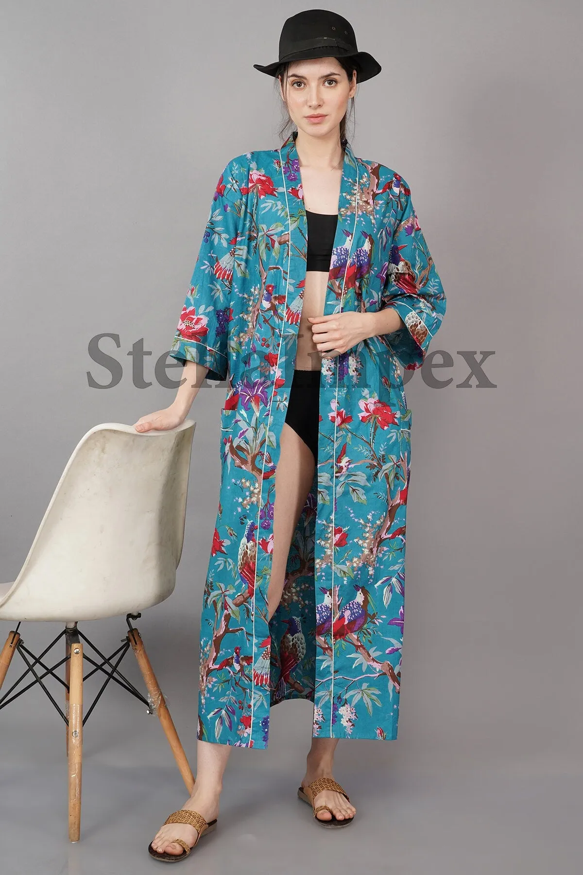 Trendy Cotton Kimono Elegant Blue & Red Floral Bathrobe Resort Wear Beach Bikini Cover-ups Boho Kimono Bathrobe, Gift for Her