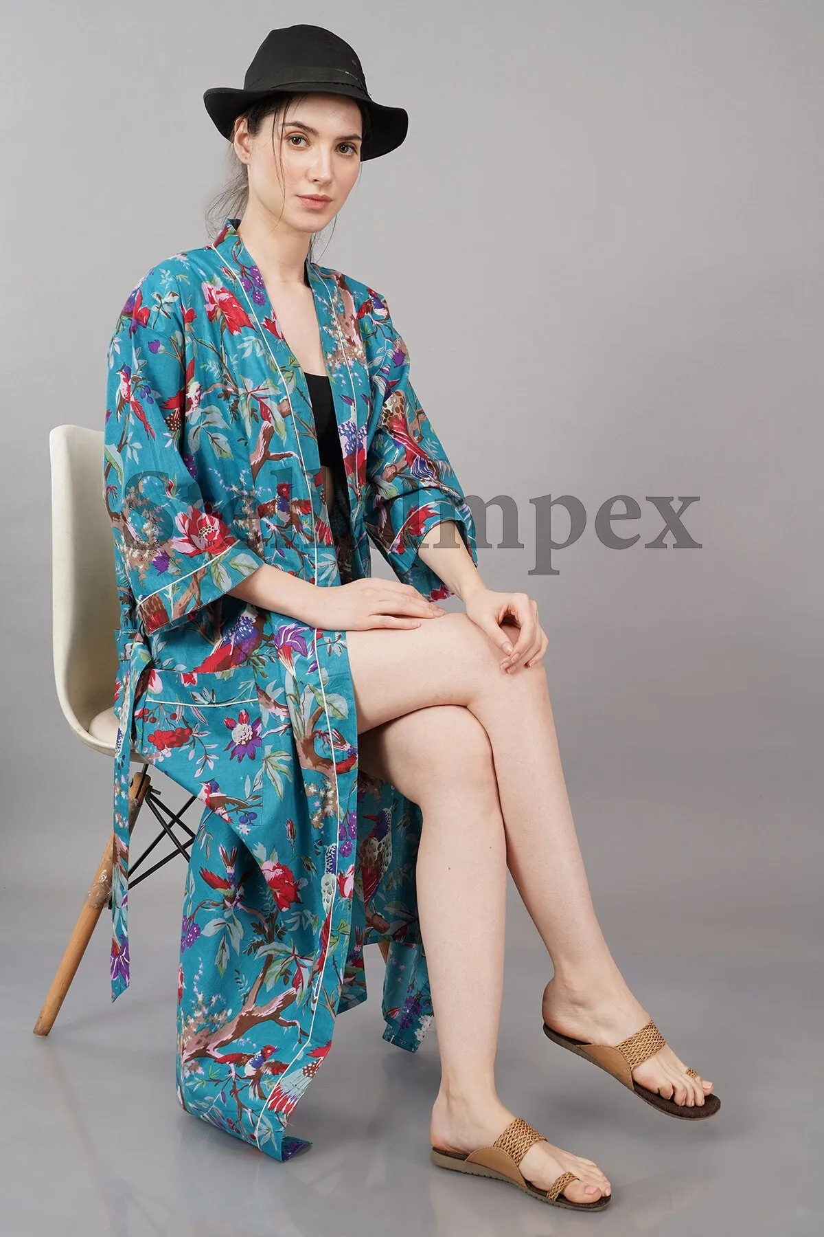 Trendy Cotton Kimono Elegant Blue & Red Floral Bathrobe Resort Wear Beach Bikini Cover-ups Boho Kimono Bathrobe, Gift for Her