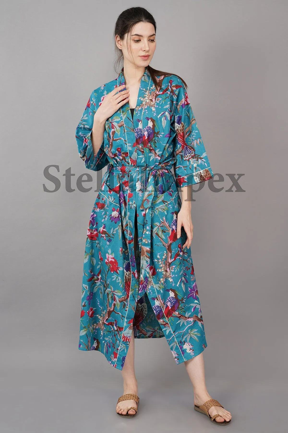 Trendy Cotton Kimono Elegant Blue & Red Floral Bathrobe Resort Wear Beach Bikini Cover-ups Boho Kimono Bathrobe, Gift for Her