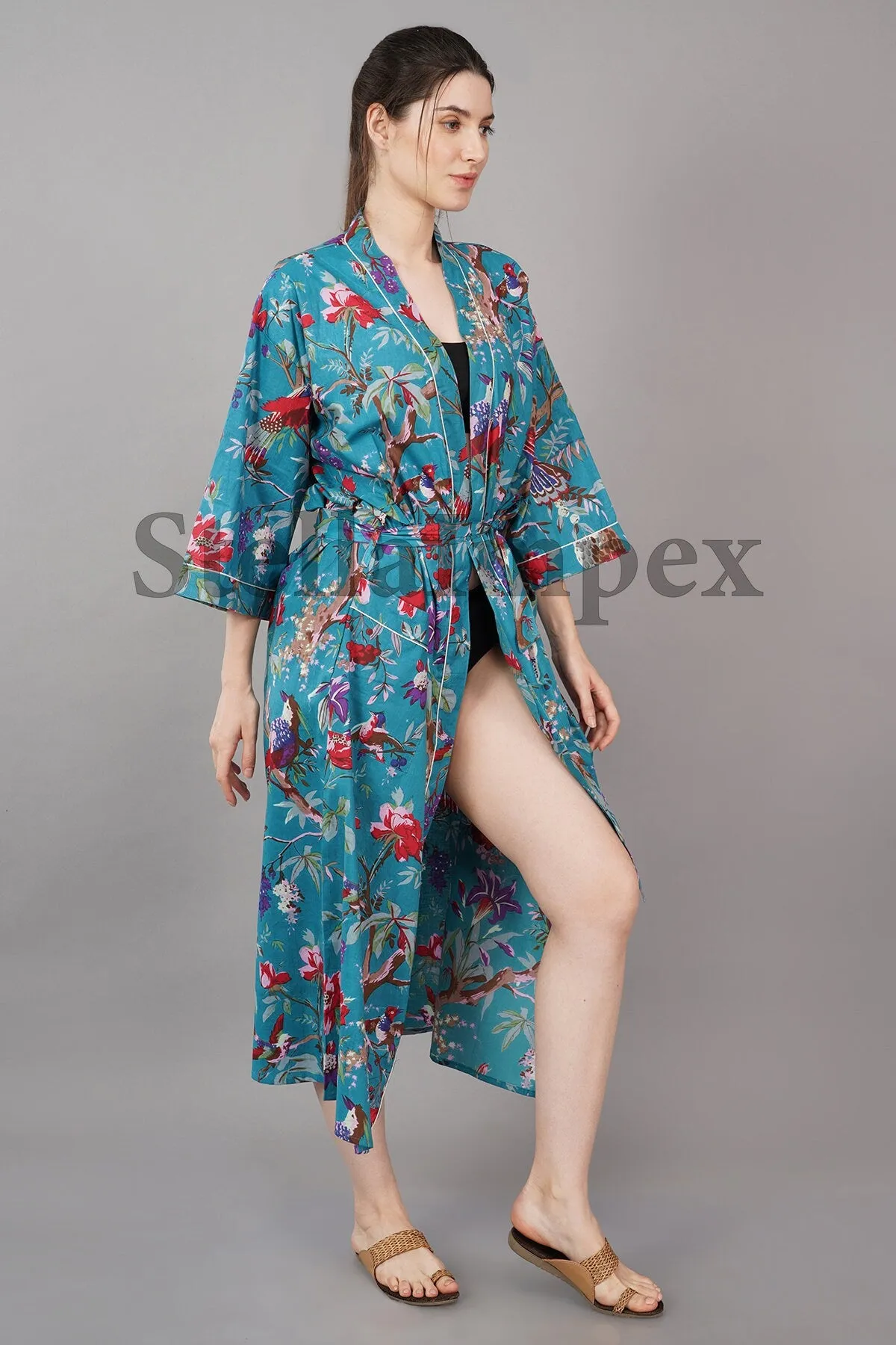 Trendy Cotton Kimono Elegant Blue & Red Floral Bathrobe Resort Wear Beach Bikini Cover-ups Boho Kimono Bathrobe, Gift for Her