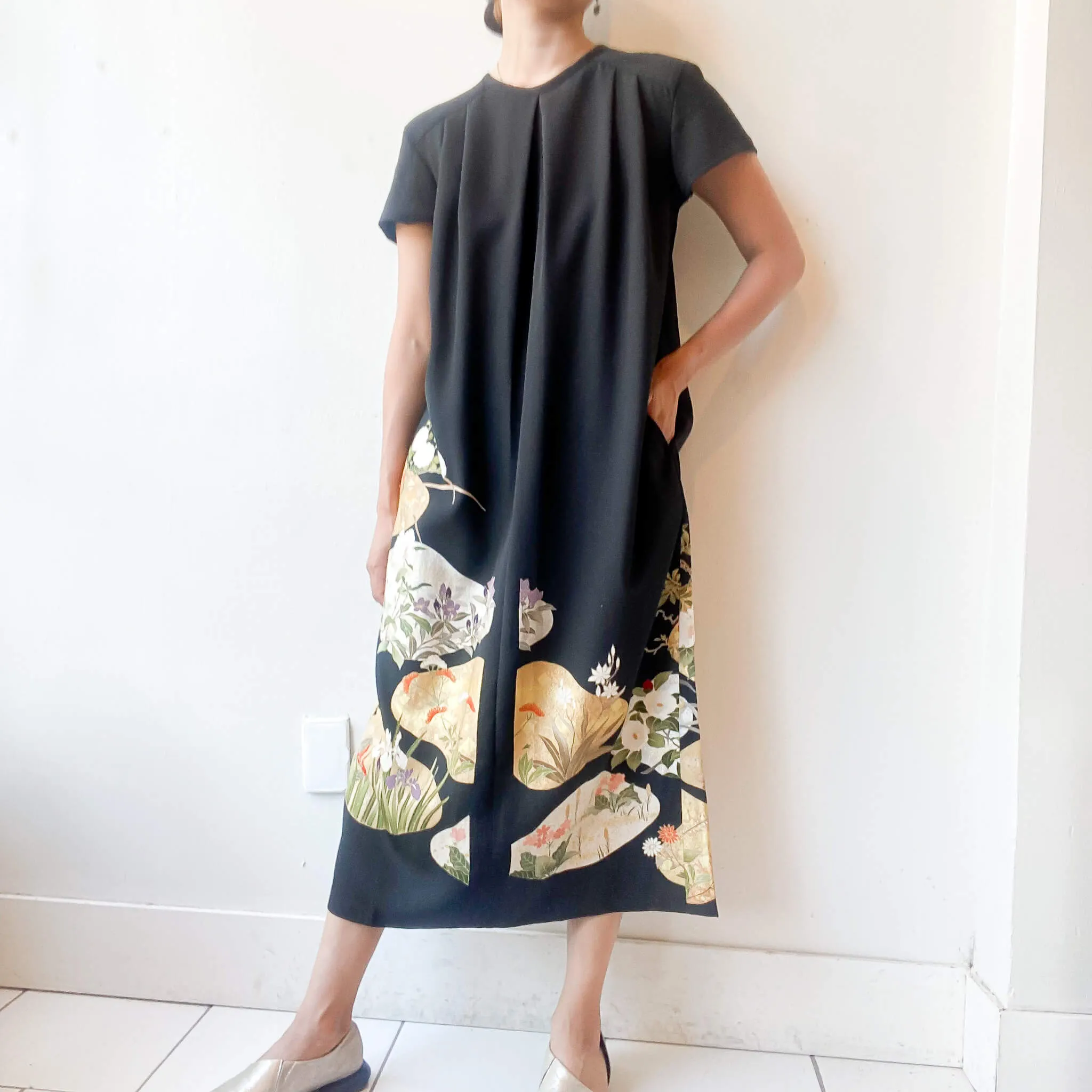 Tsumugi | Vintage Silk Kimono Short Sleeve Dress | SD2- Black
