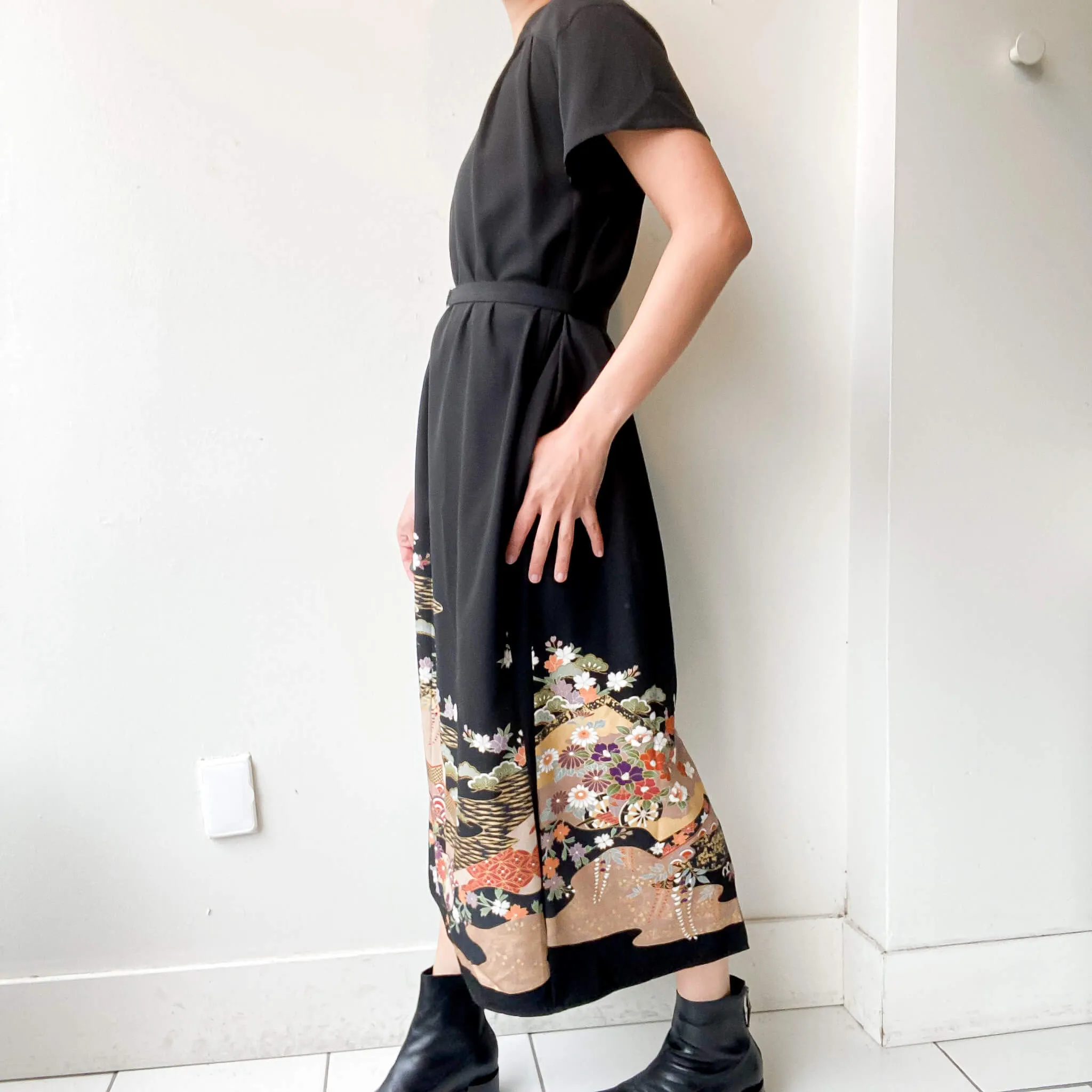 Tsumugi | Vintage Silk Kimono Short Sleeve Dress | SD5- Black