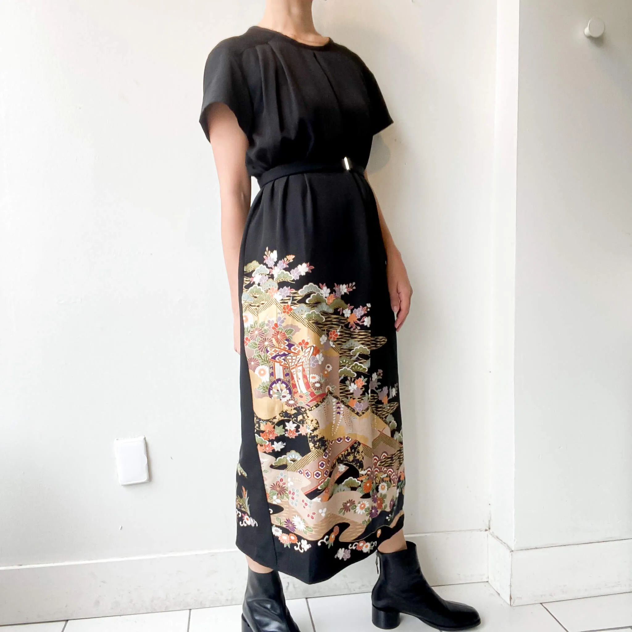 Tsumugi | Vintage Silk Kimono Short Sleeve Dress | SD5- Black