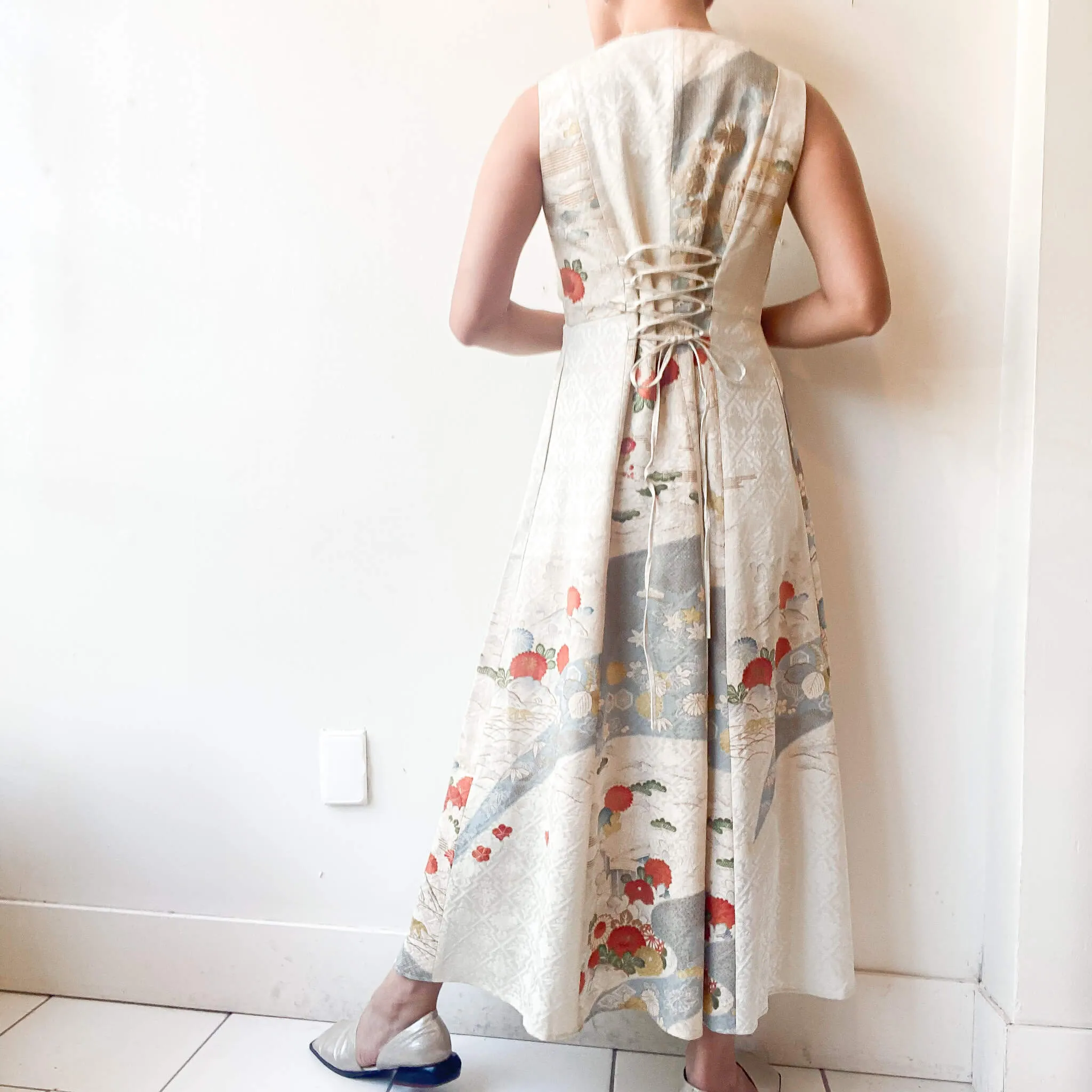 Tsumugi | Vintage Silk Kimono V-neck Dress | VD1- Cream