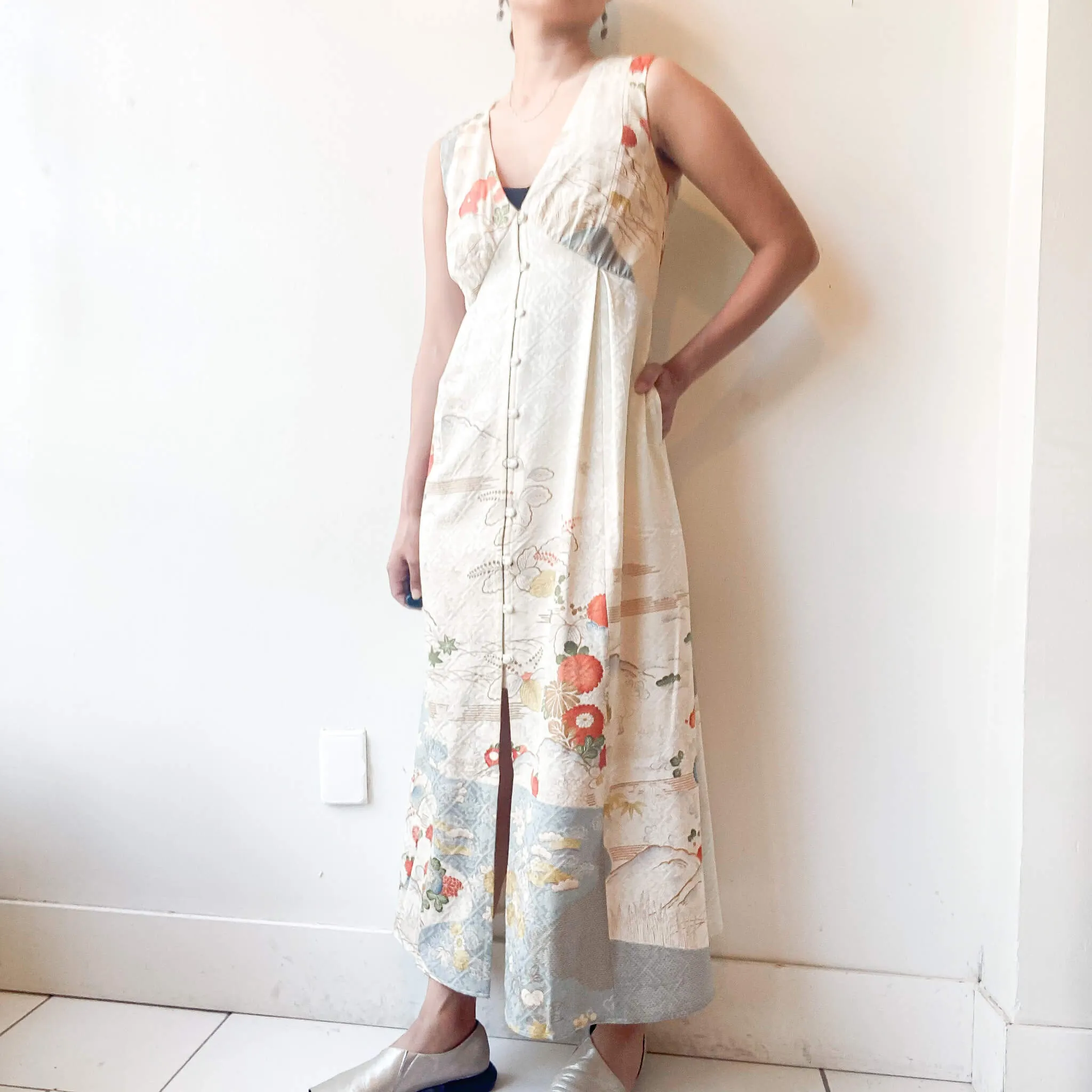 Tsumugi | Vintage Silk Kimono V-neck Dress | VD1- Cream