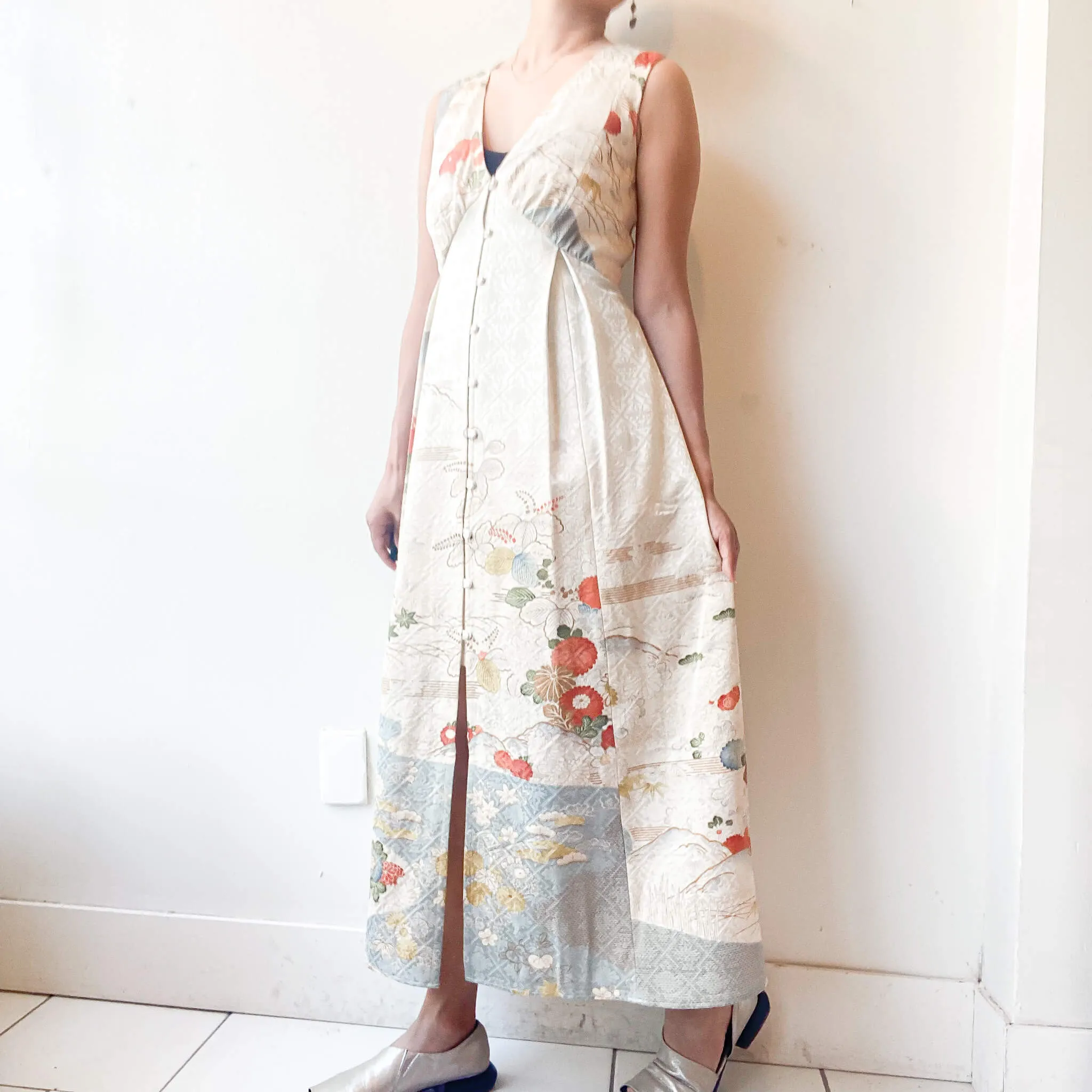 Tsumugi | Vintage Silk Kimono V-neck Dress | VD1- Cream