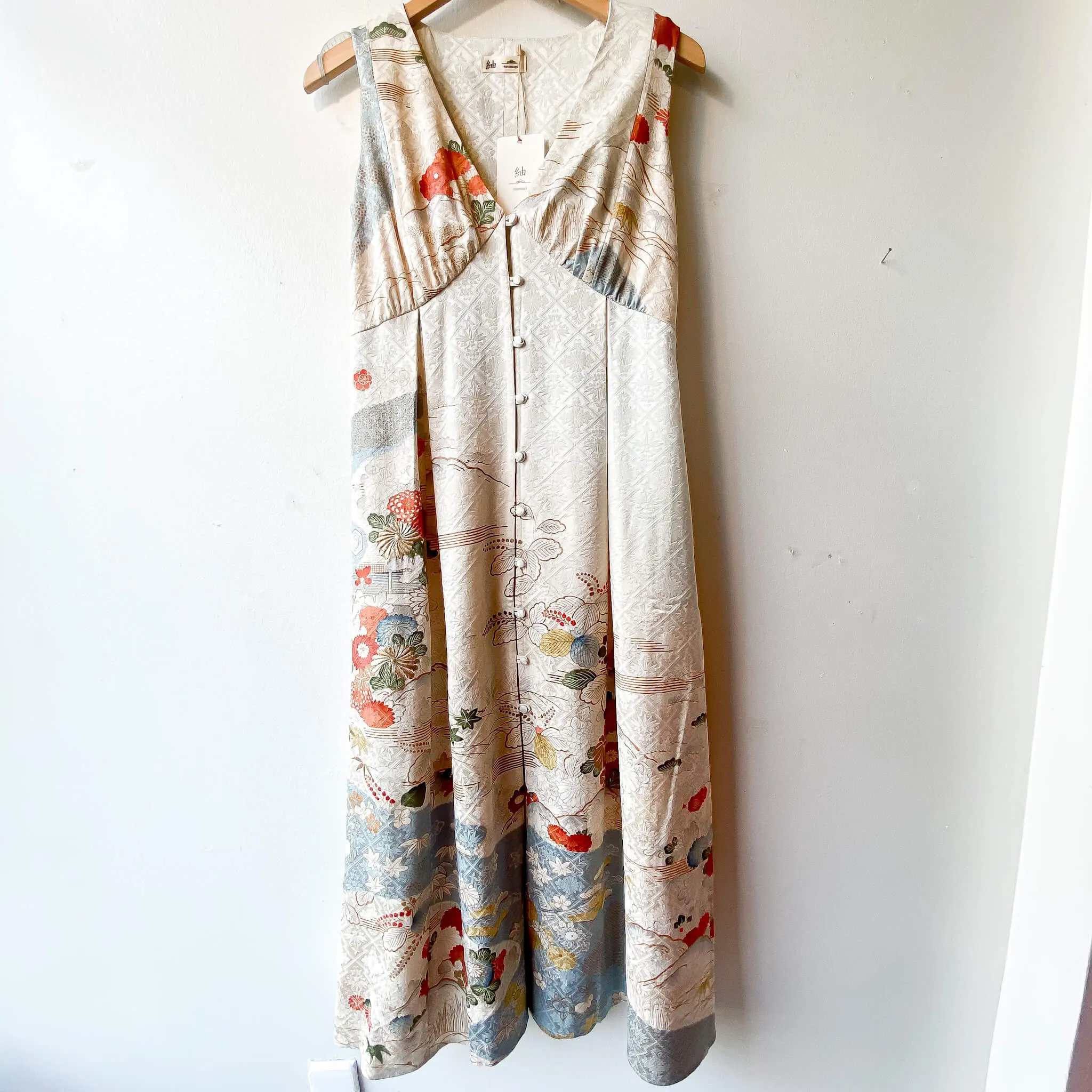 Tsumugi | Vintage Silk Kimono V-neck Dress | VD1- Cream