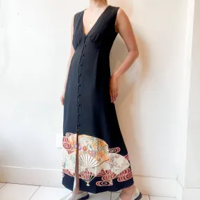 Tsumugi | Vintage Silk Kimono V-neck Dress | VD2- Black