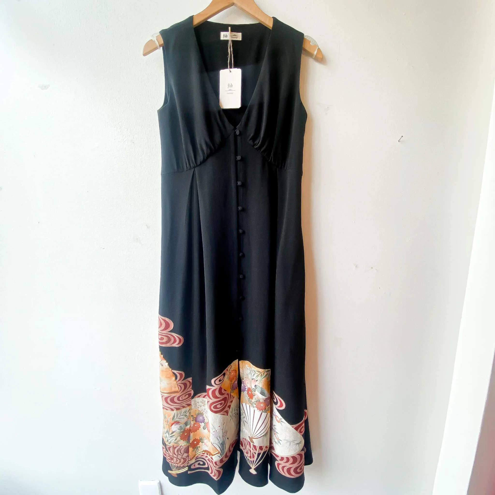 Tsumugi | Vintage Silk Kimono V-neck Dress | VD2- Black