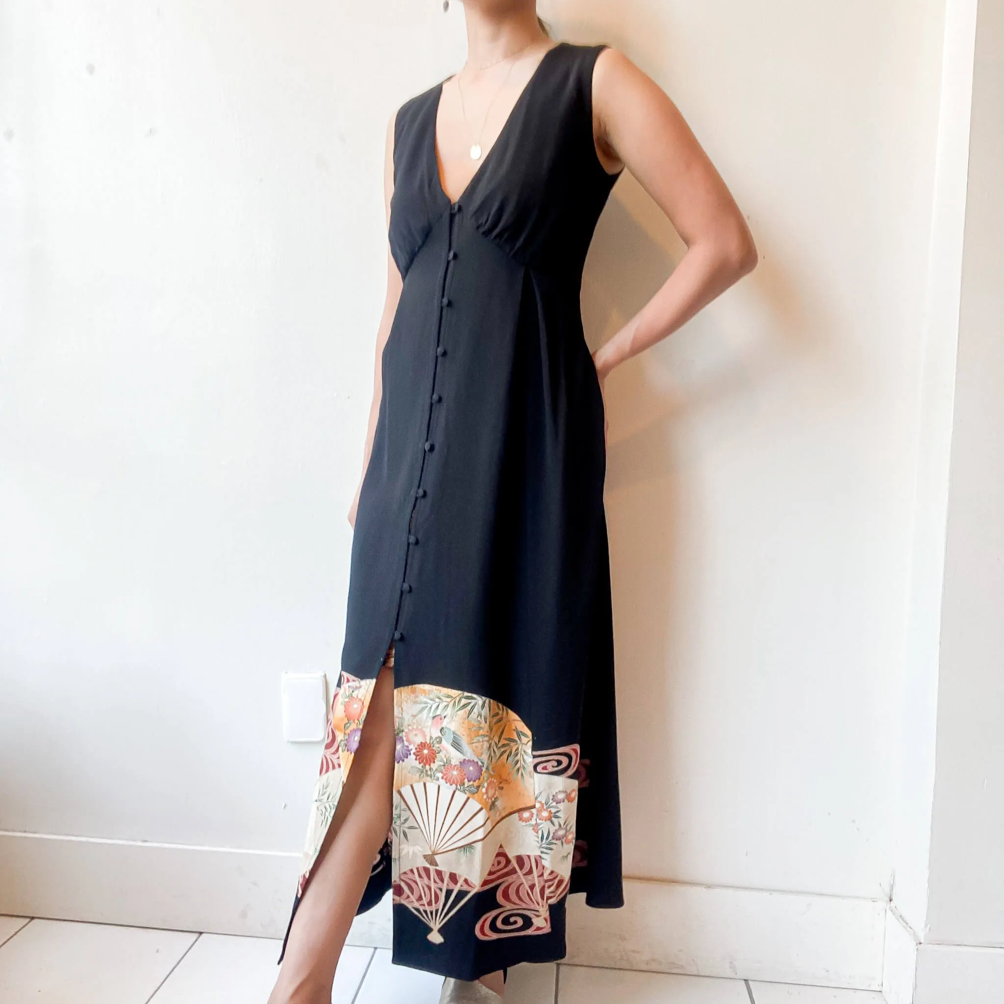 Tsumugi | Vintage Silk Kimono V-neck Dress | VD2- Black