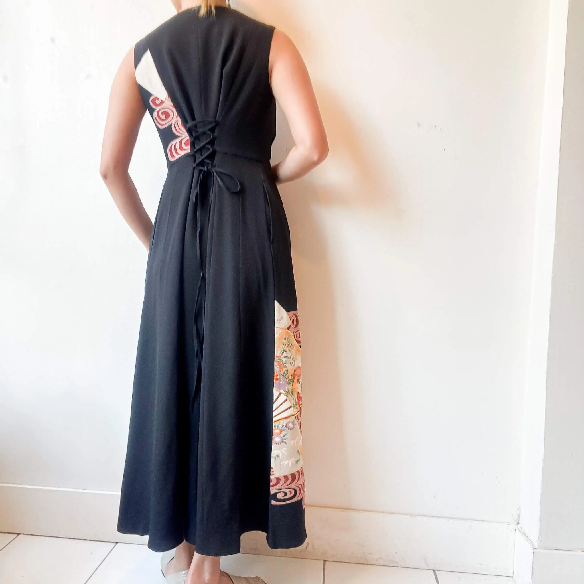 Tsumugi | Vintage Silk Kimono V-neck Dress | VD2- Black