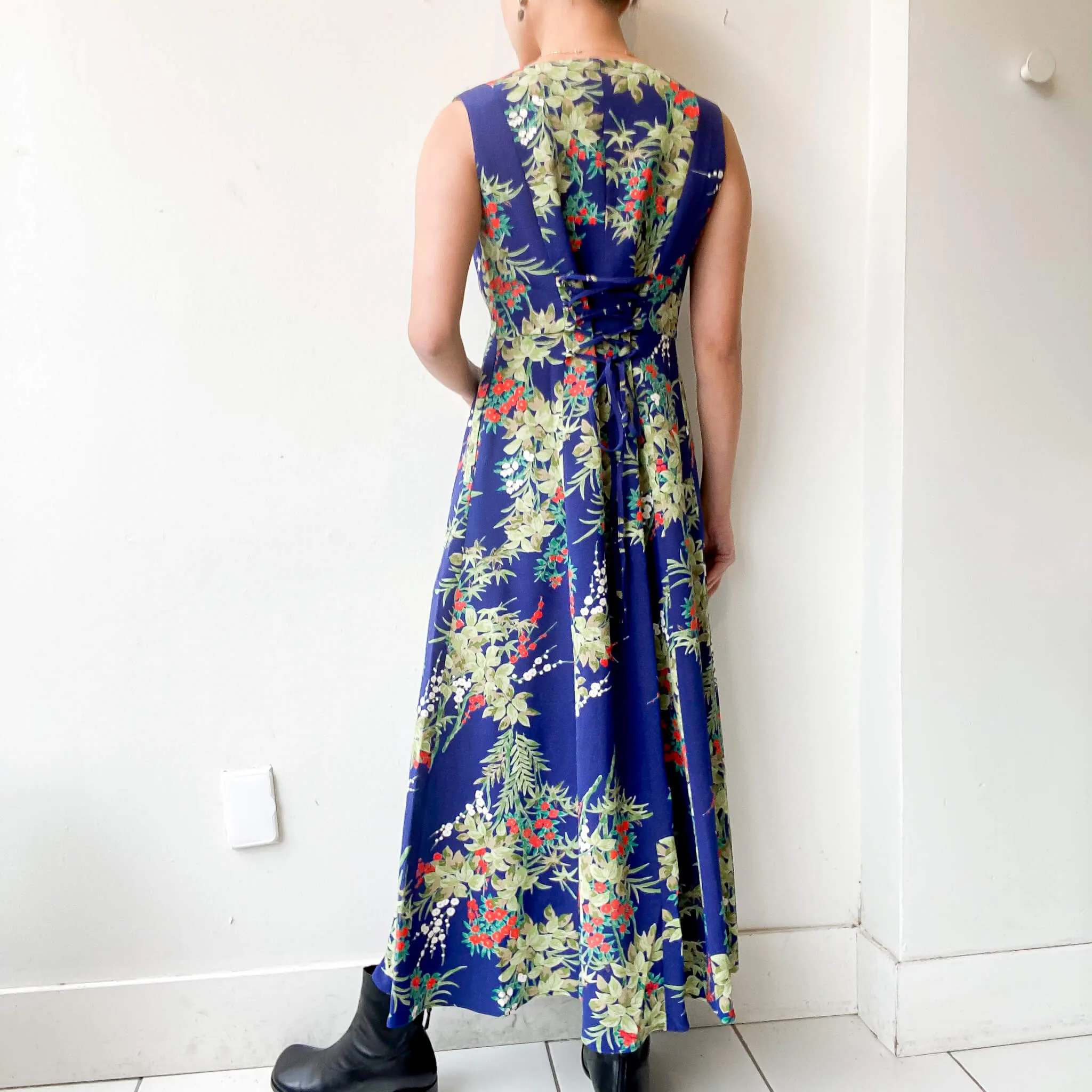Tsumugi | Vintage Silk Kimono V-neck Dress | VD4- Blue