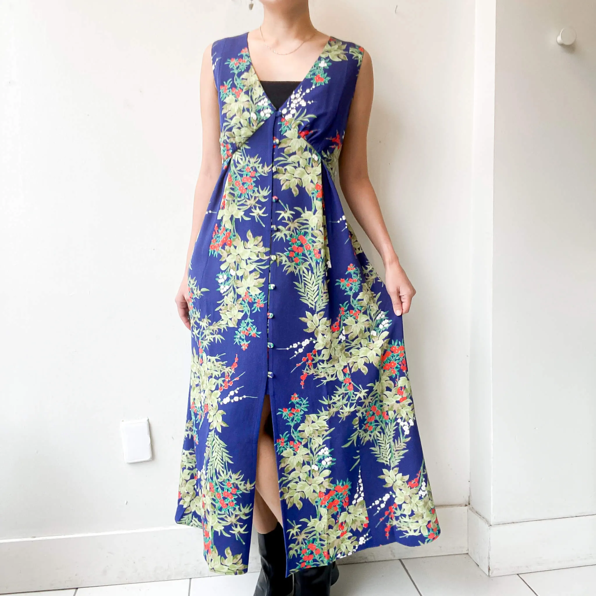 Tsumugi | Vintage Silk Kimono V-neck Dress | VD4- Blue