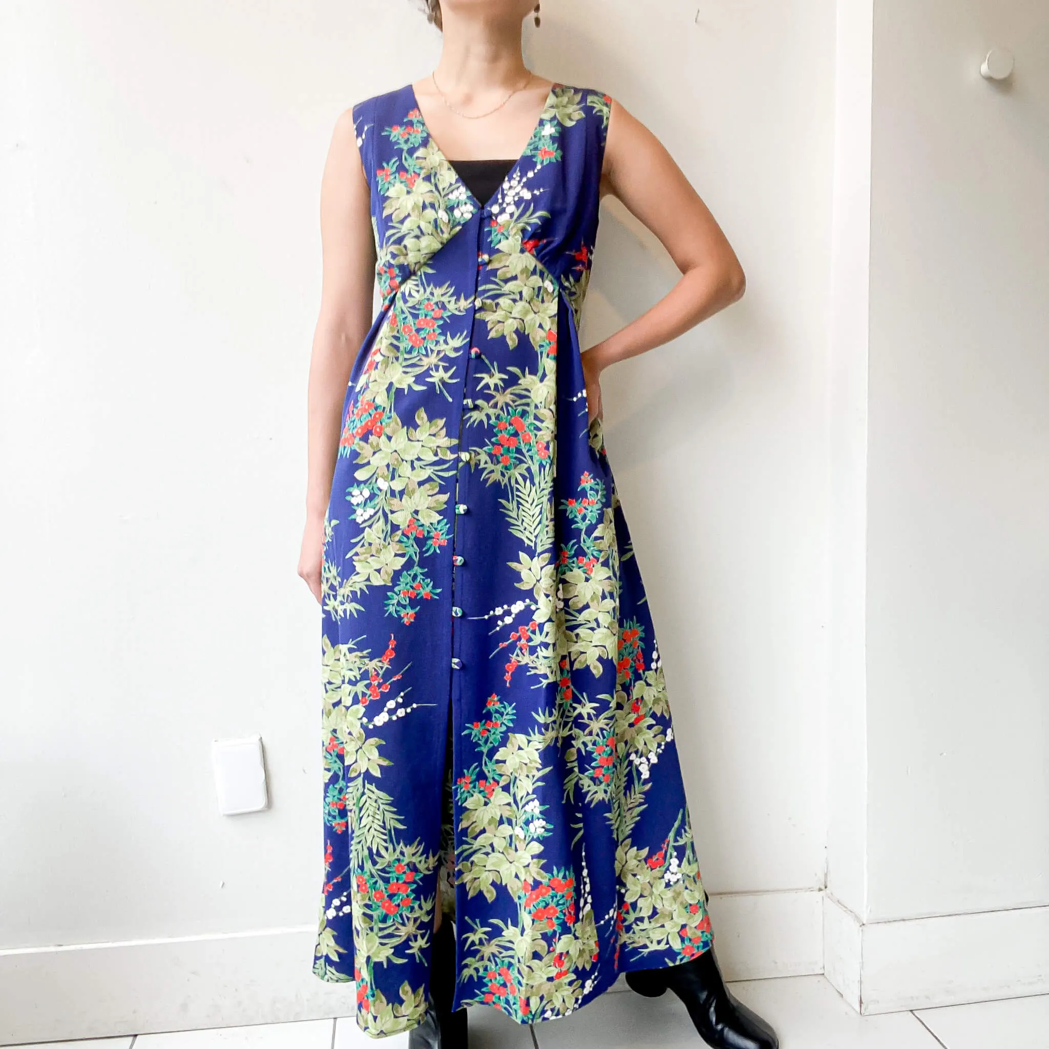 Tsumugi | Vintage Silk Kimono V-neck Dress | VD4- Blue