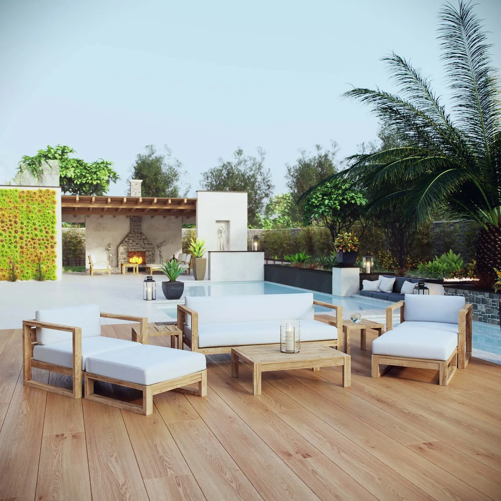 Upland 8 Piece Outdoor Patio Teak Set Natural White EEI-3117-NAT-WHI-SET