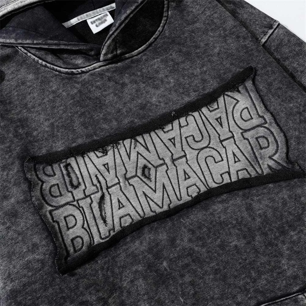 Vintage Black Acid Wash Hoodie with Embroidered Logo Patch