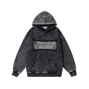 Vintage Black Acid Wash Hoodie with Embroidered Logo Patch