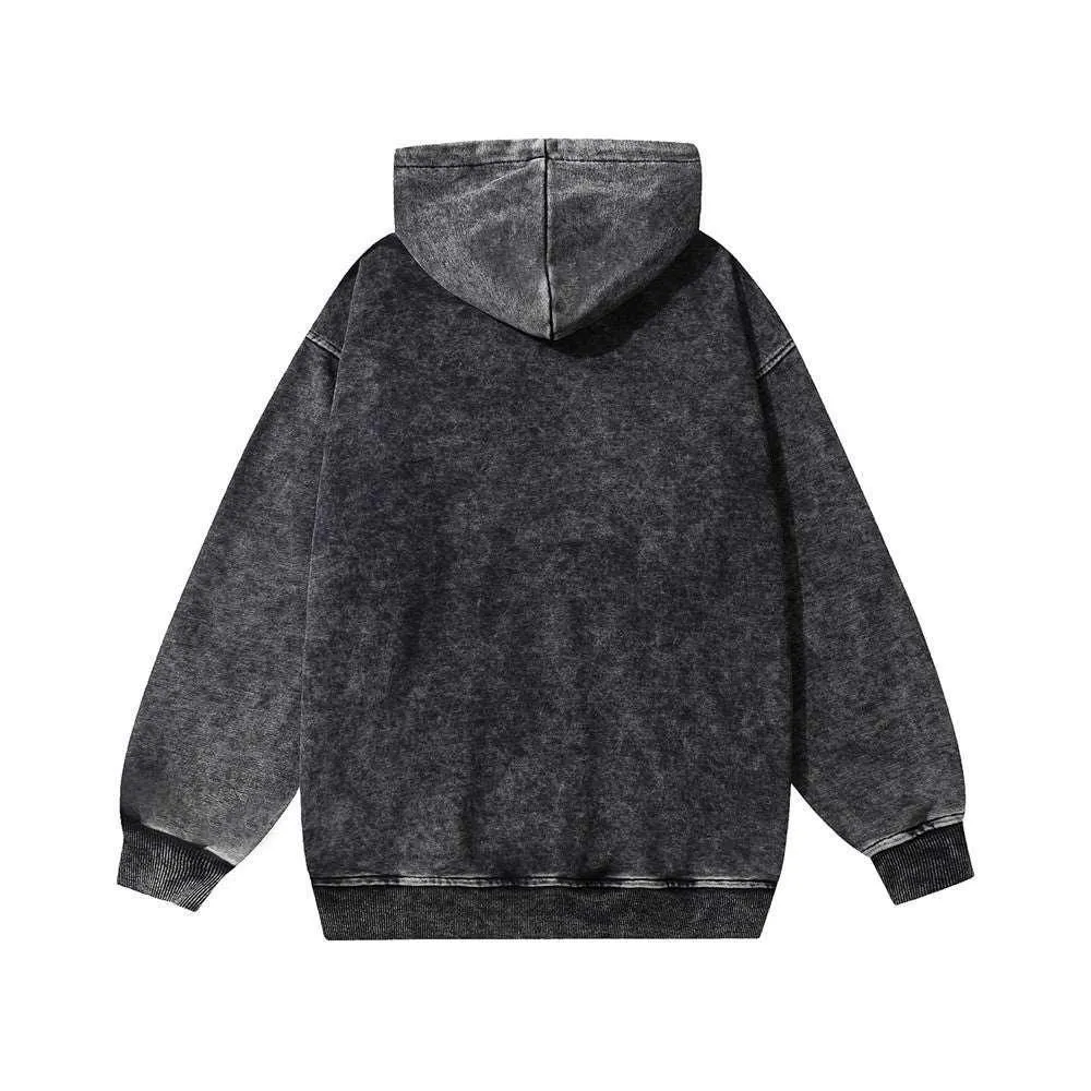 Vintage Black Acid Wash Hoodie with Embroidered Logo Patch
